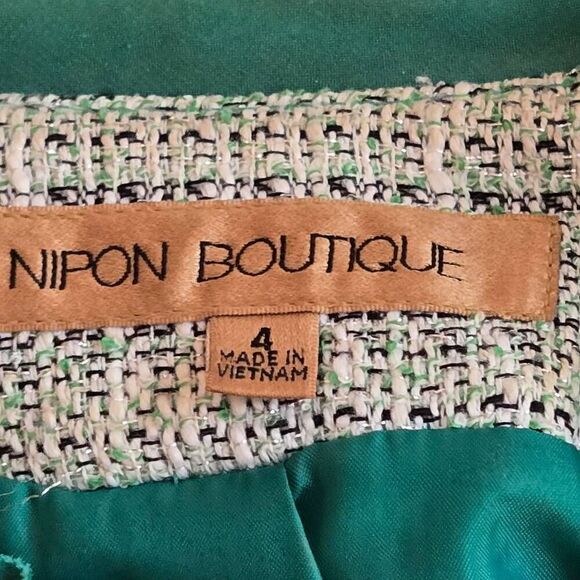 Nipon Boutique Womens Open Front Frayed Trim Tweed Blazer Jacket Green White 4 - Picture 2 of 12